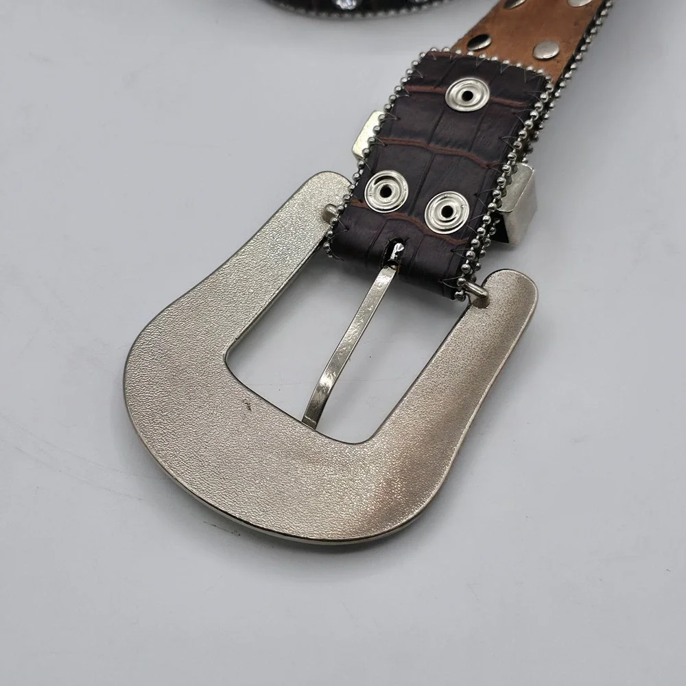 Unbranded Western Belt Womens XL‎ Brown Rhinestone Bling Croc Embossed Cowgirl